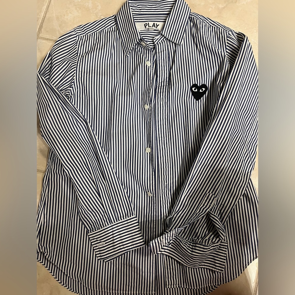 Comme des Garçons blue/white heart button down shirt. Women’s medium, runs small